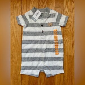 Carter's Baby Boy Gray and White Striped Romper with Bear Patch